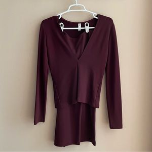 American Apparel Bodycon Set — Burgundy Midi Skirt and Long Sleeve V-Neck Top